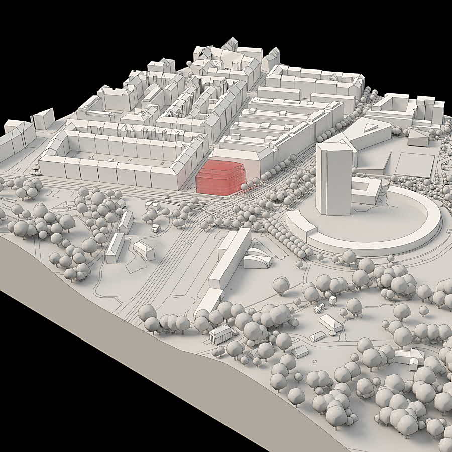 The building placed in a 3d-model of Sveaplan where the new traffic solution with a T-junction instead of today's roundabout can be seen.