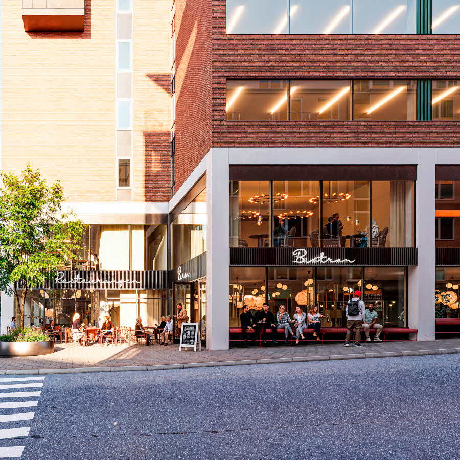 Restaurant with outdoor seating in the building.