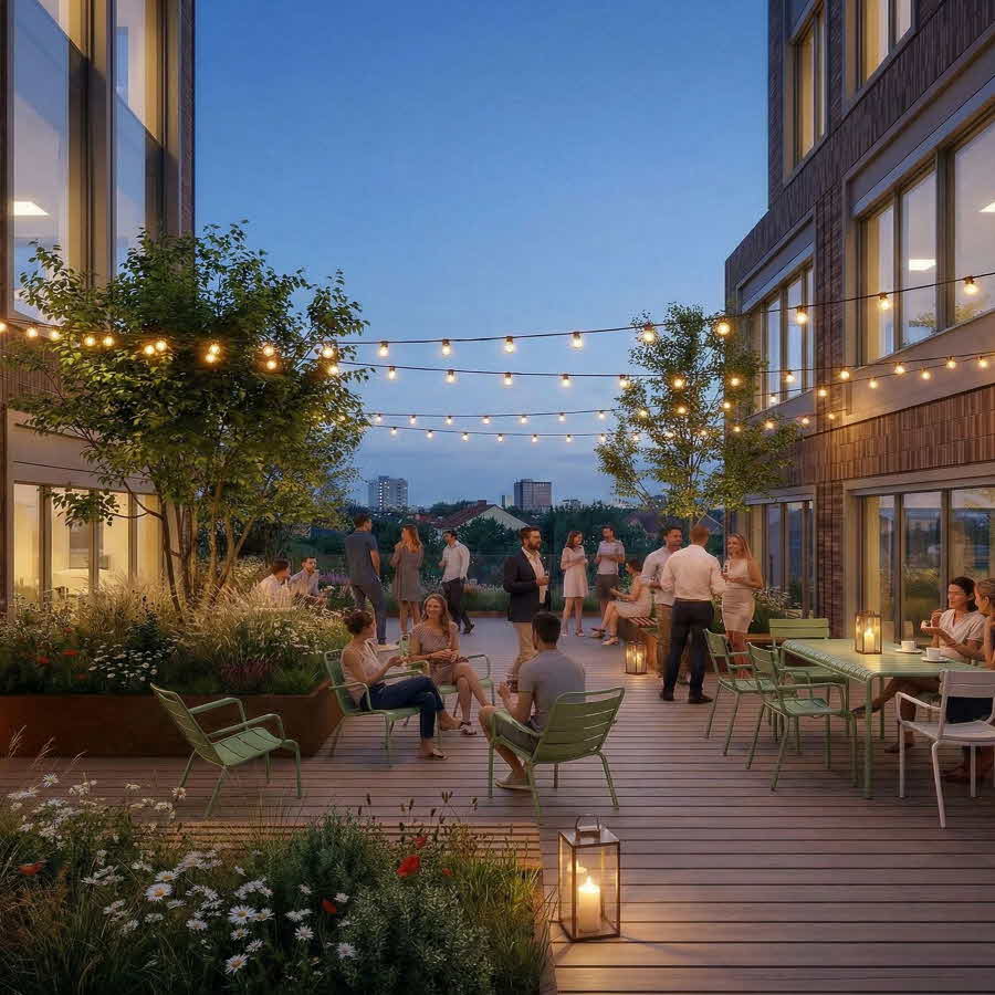 Takterrass med utsikt över Råsunda och Vasalundsparken.