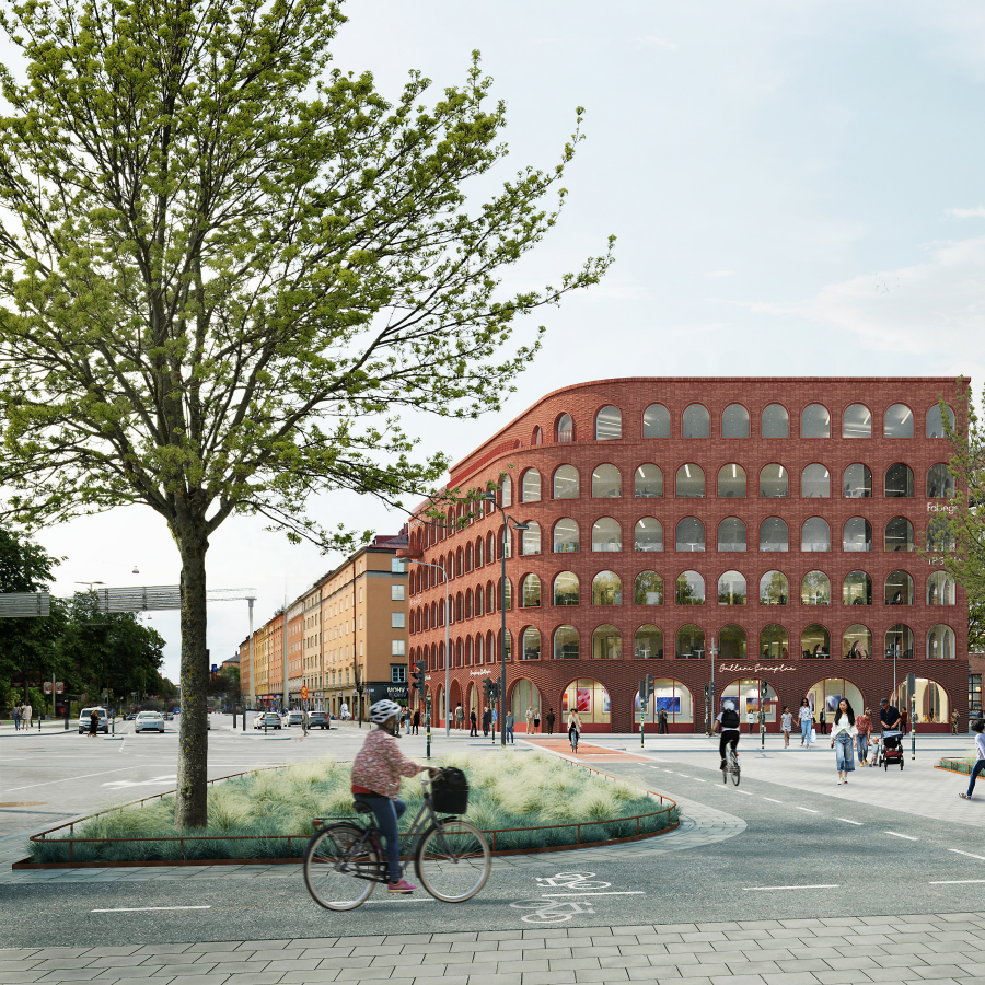 Byggnaden sedd från norr och den framtida gångbron över Sveavägen till Hagaparken, Brunnsviken och Wenner-Gren Center. Till vänster i bild skymtar den nya trafiklösningen där dagens rondell ersätts med en T-korsning.